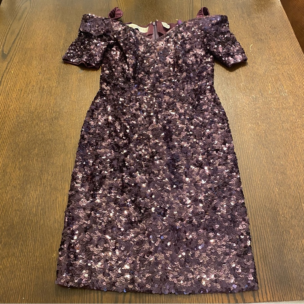 VTG 90s Lillie Rubin Purple Sequin Off Shoulder Bodycon Dress Size Medium